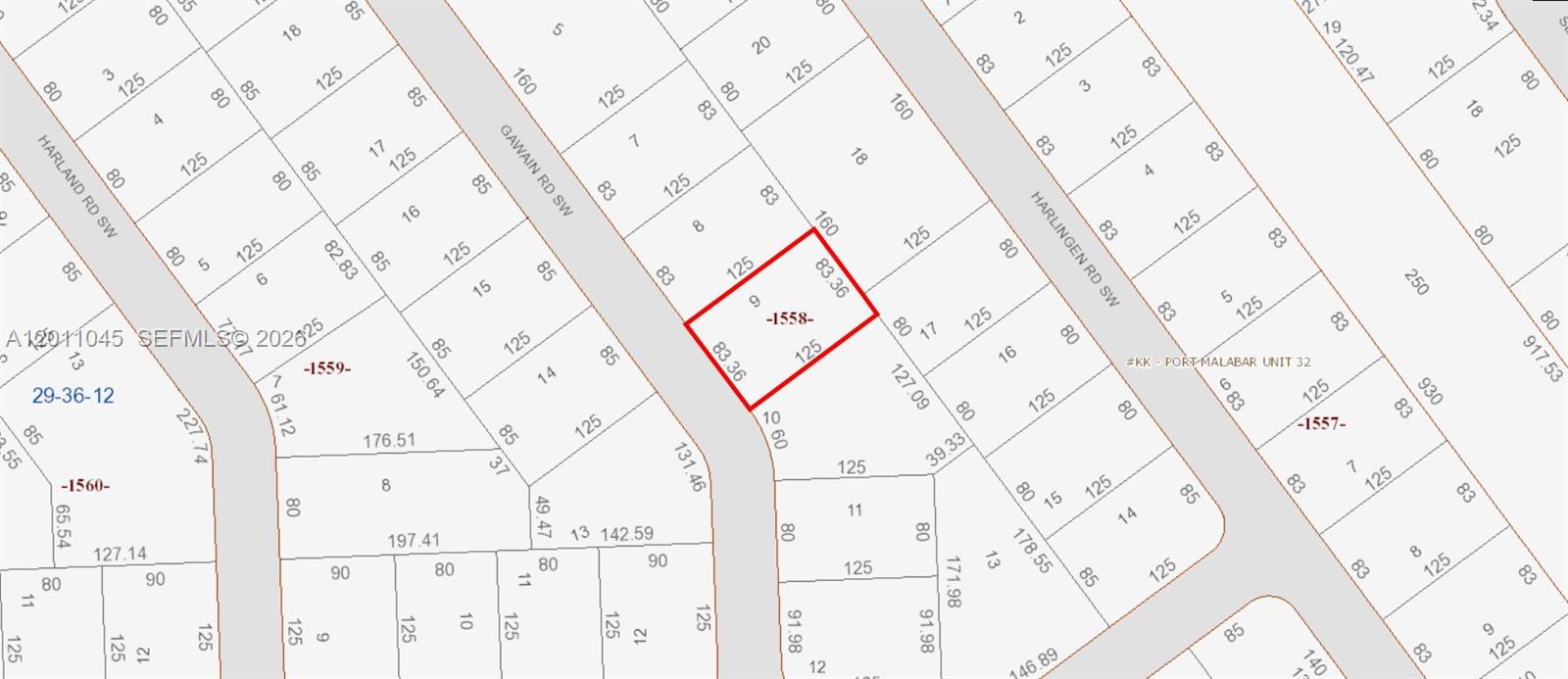 This image is a land parcel map showing property boundaries and lot dimensions — 1171 SW GAWAIN RD, Palm Bay FL 32908, PALM BAY, FL