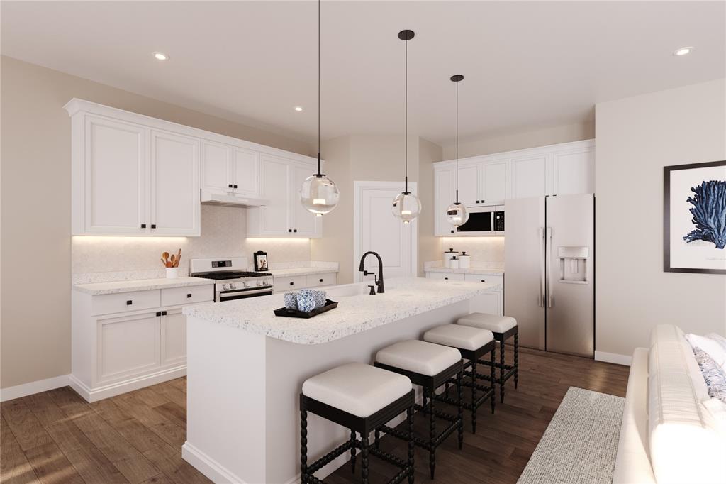 This rendering shows a kitchen with white cabinets, a central island, and stainless steel appliances — 2134 BLUE HERON CIRCLE, AUBURNDALE, FL