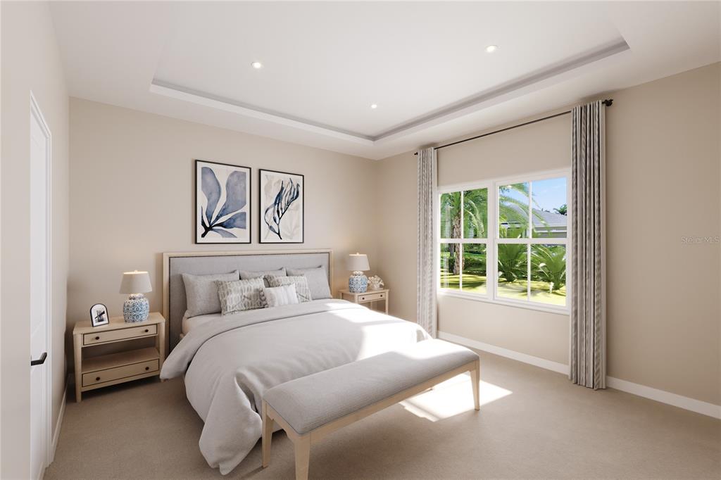 This is a digital rendering of a bedroom featuring a tray ceiling and neutral decor — 2134 BLUE HERON CIRCLE, AUBURNDALE, FL