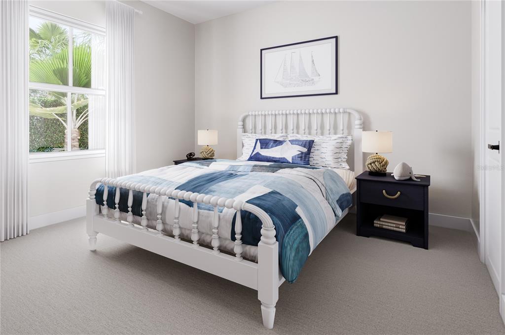 This is a rendering of a bedroom featuring a white spindle bed and blue bedding — 2134 BLUE HERON CIRCLE, AUBURNDALE, FL