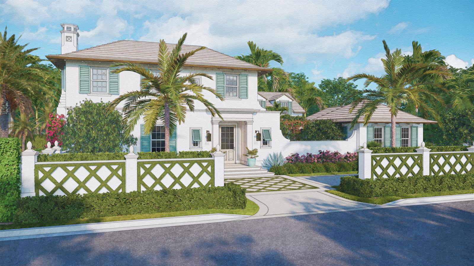 This architectural rendering shows a two-story white house with green shutters and a lattice fence — 1421 N Lake Way, Palm Beach FL 33480, PALM BEACH, FL