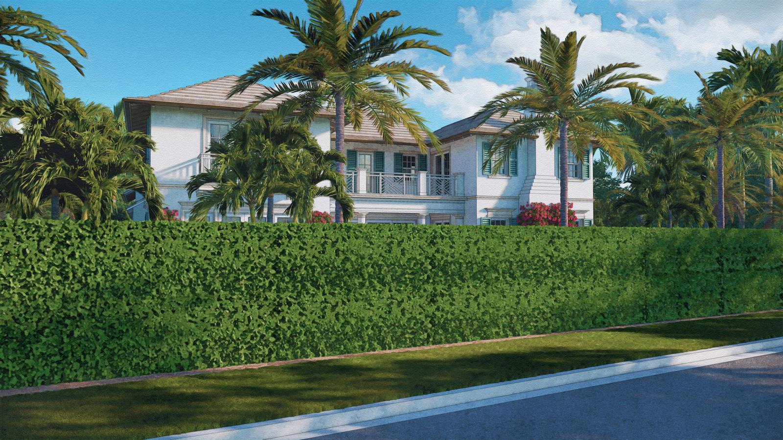 A digital rendering of a two-story white house behind a tall green hedge with palms — 1421 N Lake Way, Palm Beach FL 33480, PALM BEACH, FL