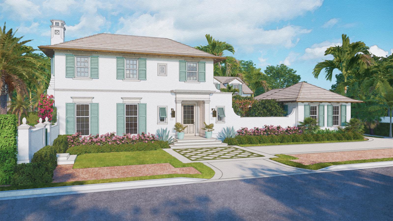 This architectural rendering shows a two-story white house with teal shutters and a tiled roof — 1421 N Lake Way, Palm Beach FL 33480, PALM BEACH, FL