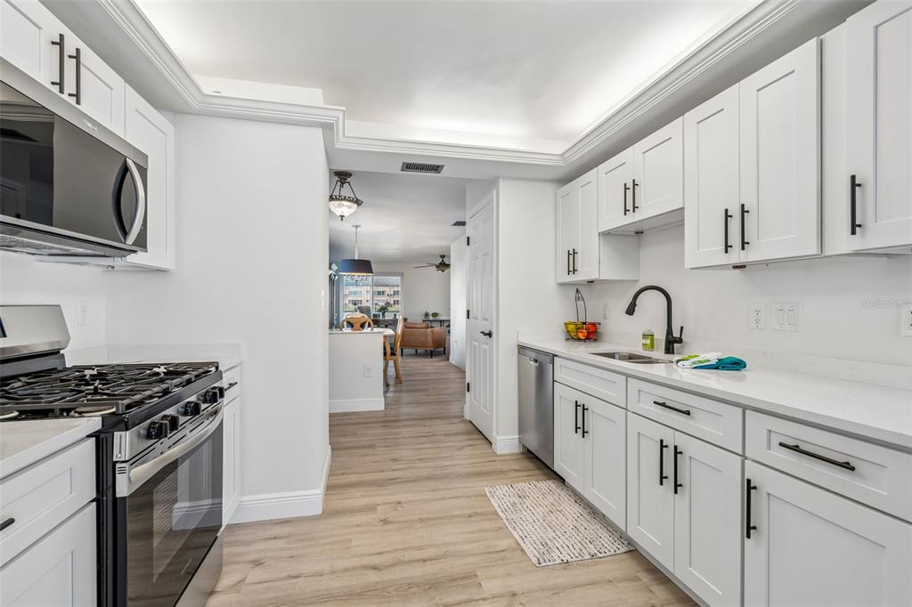 A galley kitchen features white cabinets, stainless steel appliances, and light wood-look flooring — 5960 30TH AVENUE S UNIT 114, GULFPORT, FL