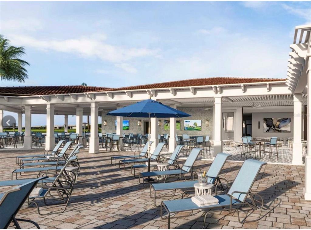 This rendering shows a paved patio with lounge chairs, a blue umbrella, and covered seating — 8105 GRAND ESTUARY TRAIL UNIT 404, BRADENTON, FL