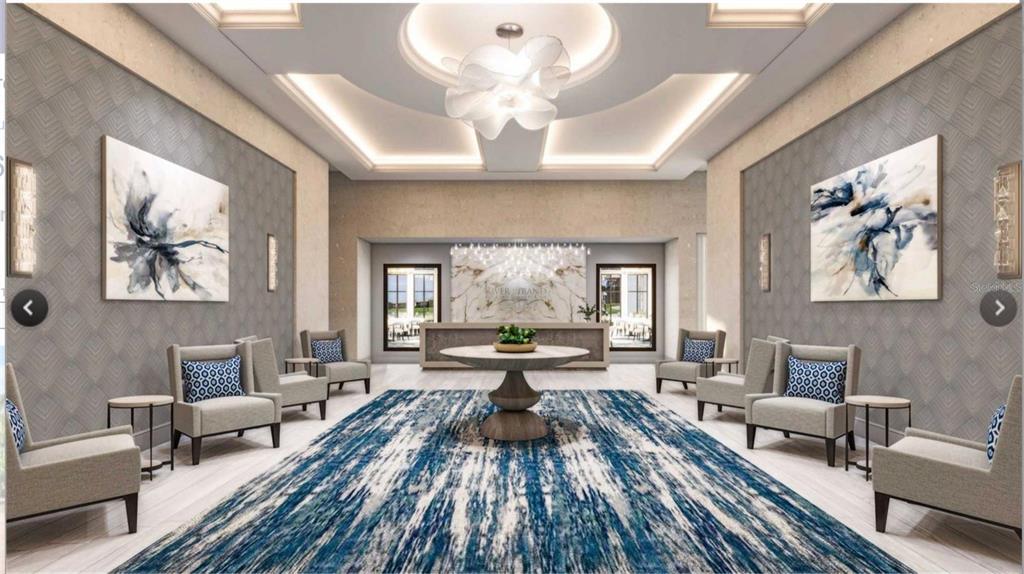 This rendering shows a modern lobby with a central rug, seating area, and reception desk — 8105 GRAND ESTUARY TRAIL UNIT 404, BRADENTON, FL
