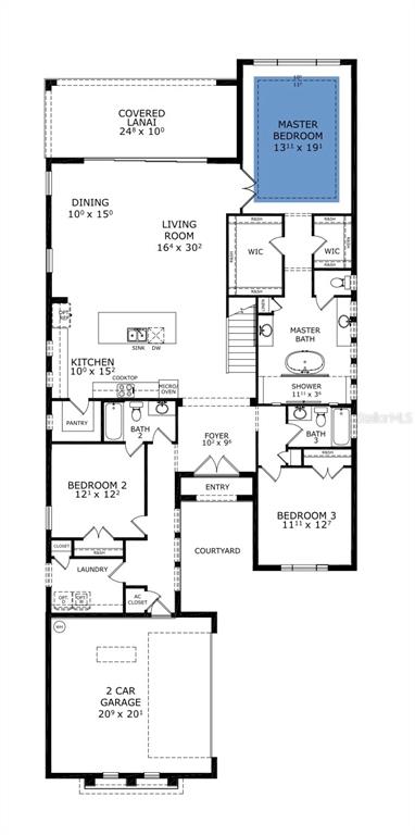 This is a floor plan for a three-bedroom house with a two-car garage and courtyard — 6 RIO VISTA DRIVE, PALM COAST, FL
