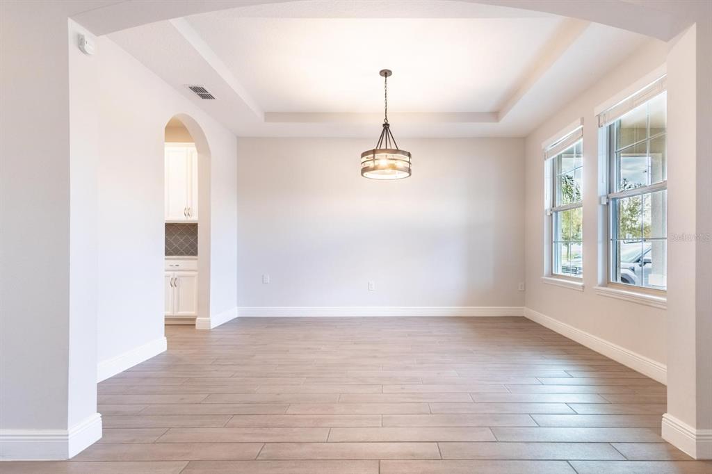 An empty dining room features a tray ceiling, a drum chandelier, and light wood-look flooring — 10207 ATWATER BAY DRIVE, WINTER GARDEN, FL