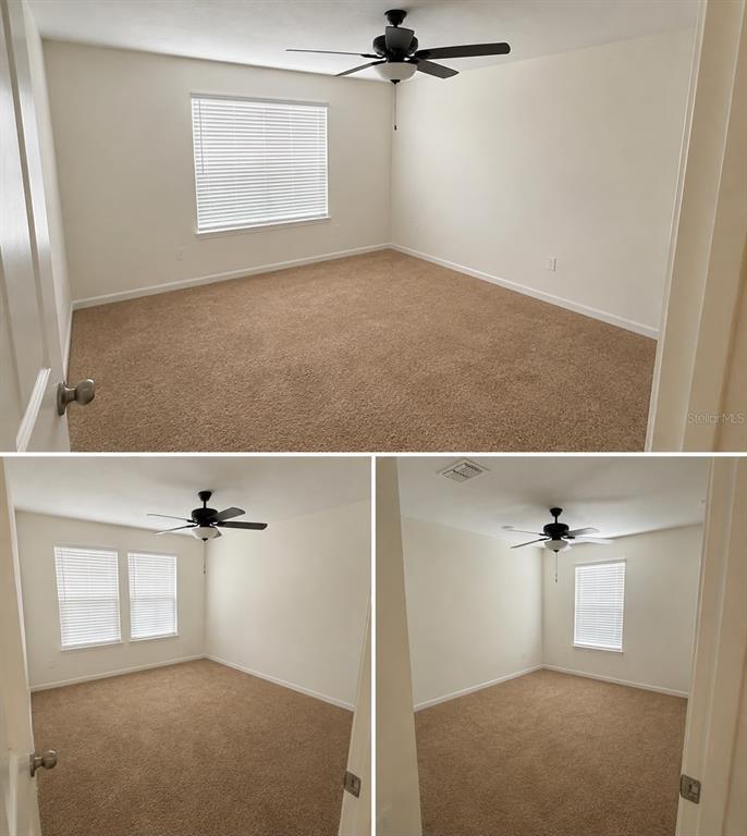 Three views of an empty bedroom featuring beige carpet, white walls, and a ceiling fan — 13483 GORGONA ISLE DRIVE, WINDERMERE, FL