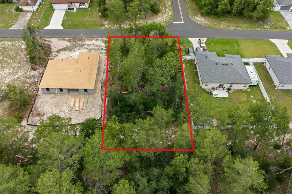 An aerial view shows a rectangular, wooded vacant lot outlined in red between two houses — SW 165TH PLACE, OCALA, FL