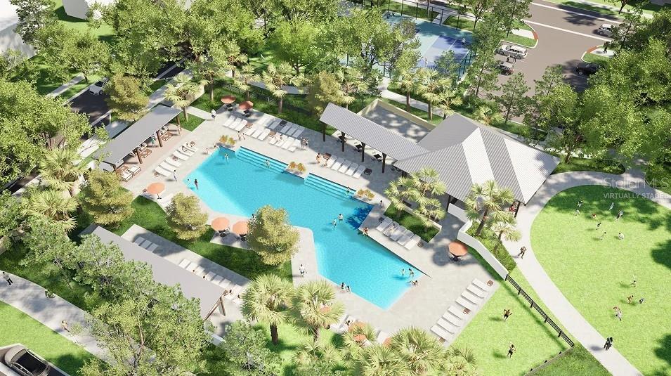 This is a rendering of a community pool area with a clubhouse and surrounding park — 476 CYPRESS FORK TRAIL, ST CLOUD, FL