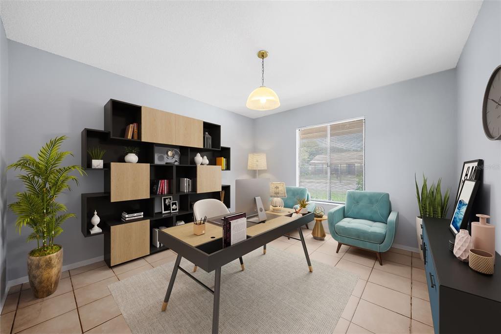 This digital rendering shows a home office with a desk, shelving unit, and two armchairs — 7853 KENSINGHAM COURT, ORLANDO, FL