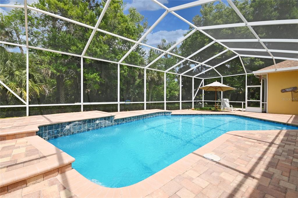 A screened-in swimming pool with a tiled water feature and paver deck — 1711 HIDEAWAY FOREST TRAIL, NEW SMYRNA BEACH, FL