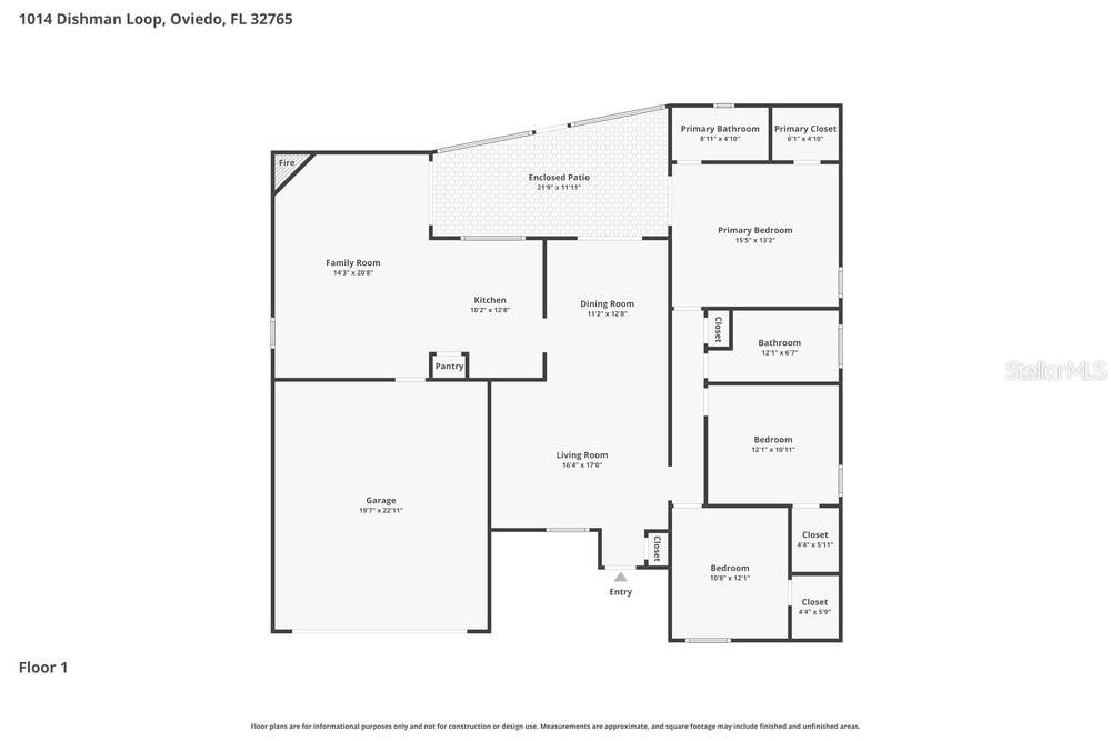 This is a floor plan for a single-story house with a garage and enclosed patio — 1014 DISHMAN LOOP, OVIEDO, FL