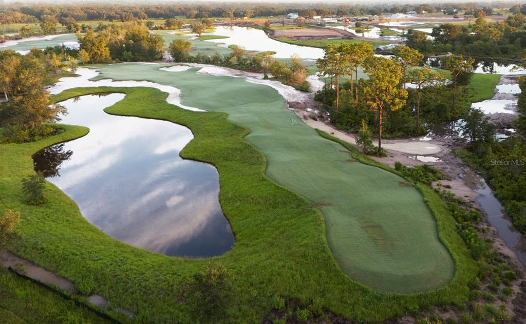 An aerial view of a golf course hole featuring a large pond and surrounding greenery — 33712 BELLINO PLACE, MYAKKA CITY, FL