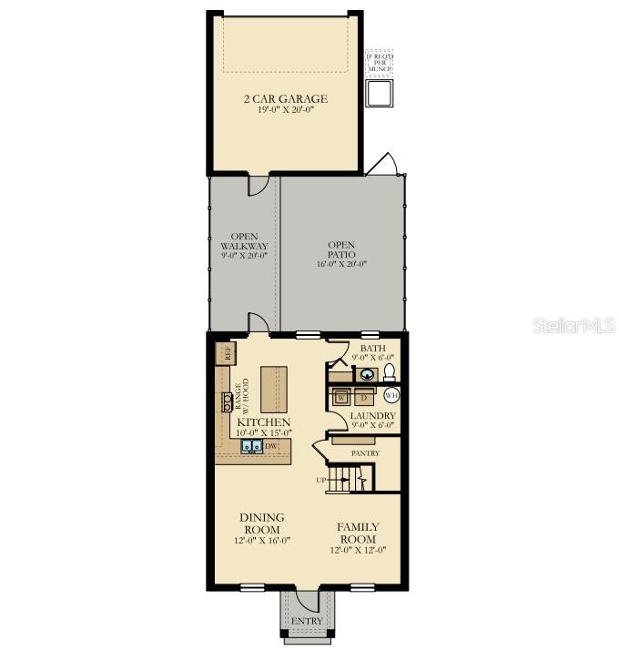 This is a floor plan of a home's main level featuring a kitchen, living areas, and garage — 10534 TRIBUTE DRIVE, WINTER GARDEN, FL