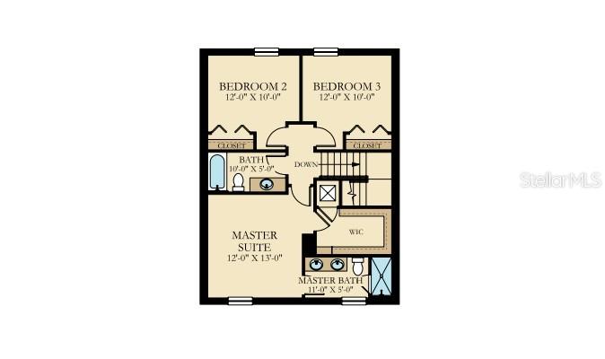 This floor plan shows the upper level with a master suite, two bedrooms, and two bathrooms — 10534 TRIBUTE DRIVE, WINTER GARDEN, FL