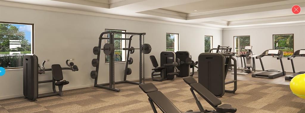 This rendering shows a fitness center with various weight machines, treadmills, and exercise benches — 10534 TRIBUTE DRIVE, WINTER GARDEN, FL