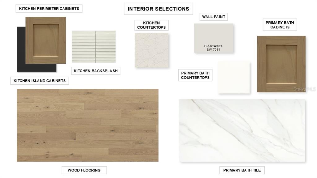 This interior design mood board displays samples of cabinetry, countertops, flooring, tile, and wall paint — 3821 COUNTRY VIEW COURT, BRADENTON, FL