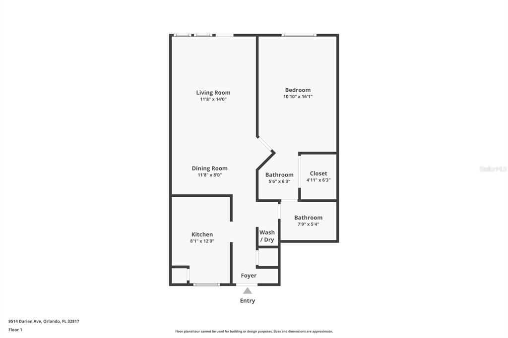 This is a floor plan of a one-bedroom apartment with a kitchen, living area, and bathrooms — 9514 DARIEN AVENUE UNIT 9514, ORLANDO, FL