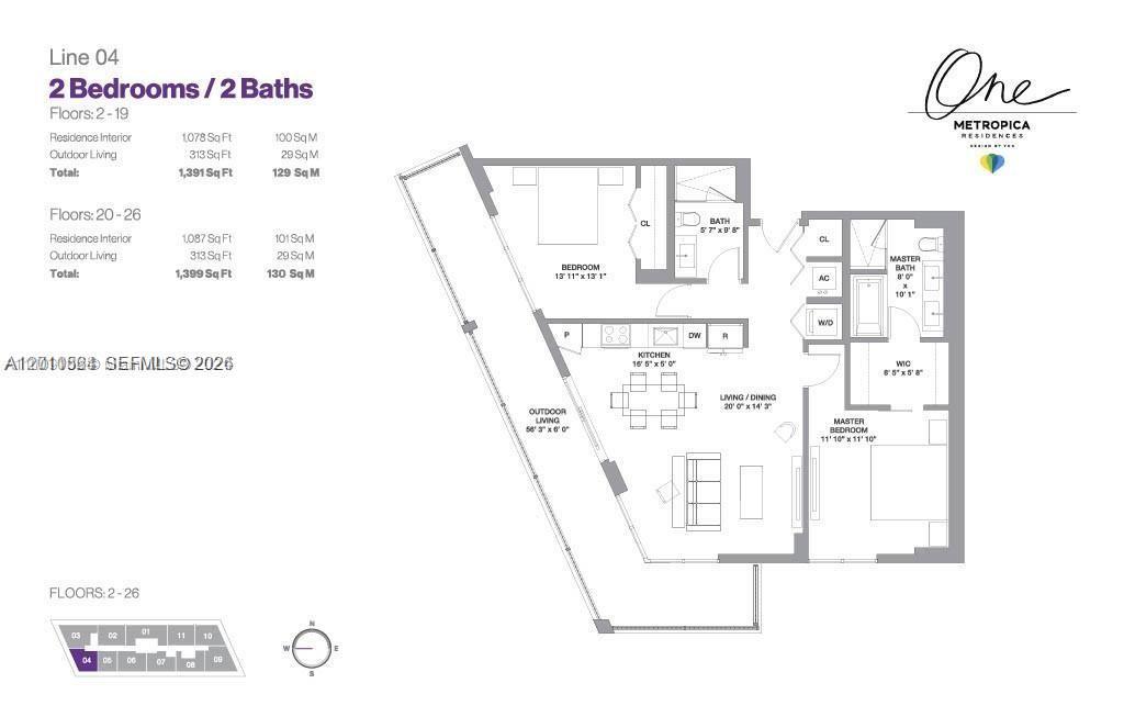 This is a floor plan for a two-bedroom, two-bathroom apartment with an outdoor living space — 2000 Metropica Way # 2304, Sunrise FL 33323, SUNRISE, FL