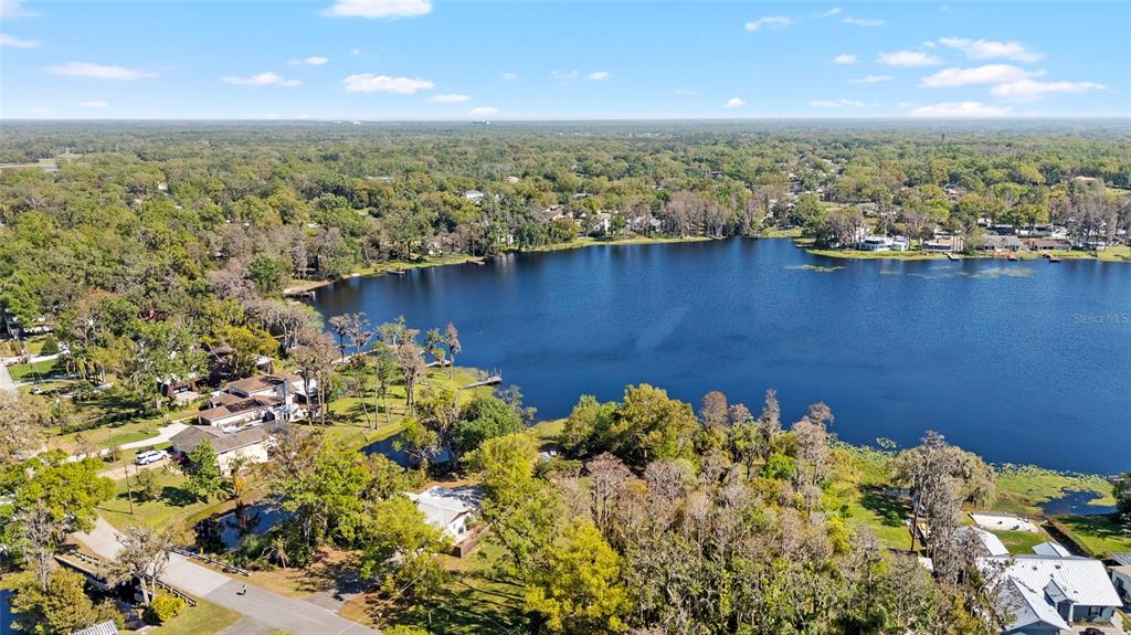 An aerial view shows a lake surrounded by trees and residential houses — 18703.5 LAKESHORE DR, LUTZ, FL