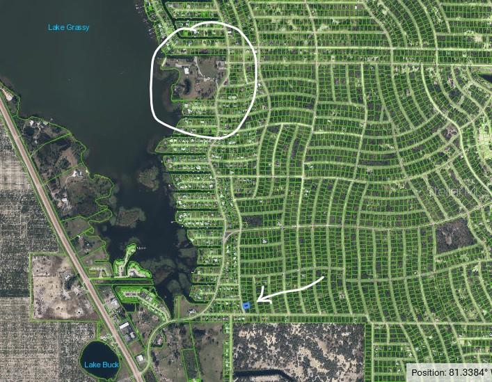 This is an aerial map showing a residential neighborhood with a highlighted property and lake — 205 SERENADE DRIVE, LAKE PLACID, FL