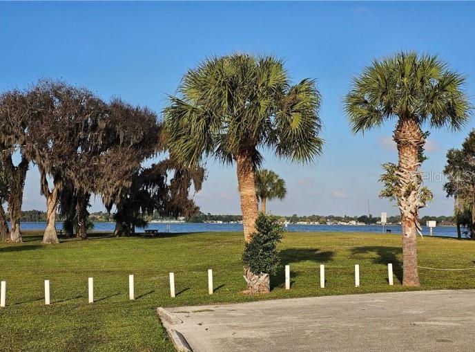 A grassy park area features palm trees and large oaks overlooking a body of water — 205 SERENADE DRIVE, LAKE PLACID, FL