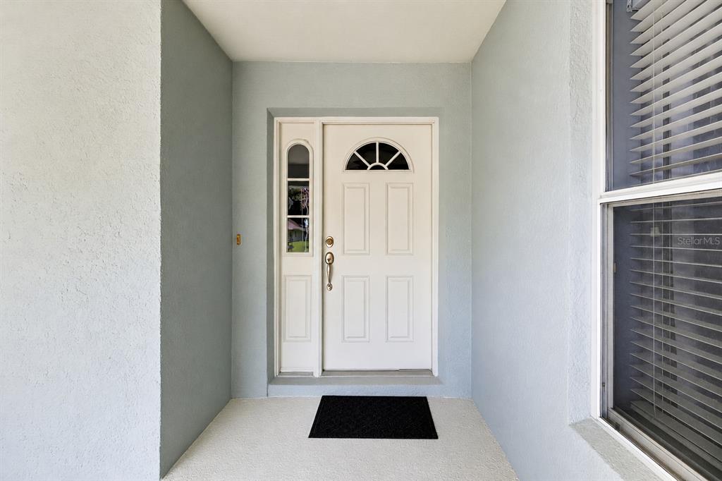 A white front door with a side light and arched window sits under a porch — 26821 AUGUSTA SPRINGS CIRCLE, LEESBURG, FL