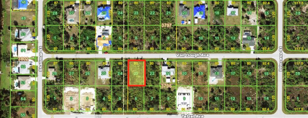 This is a satellite map showing a highlighted vacant residential lot in a suburban neighborhood — 12007 VAN GOUGH AVENUE, PORT CHARLOTTE, FL