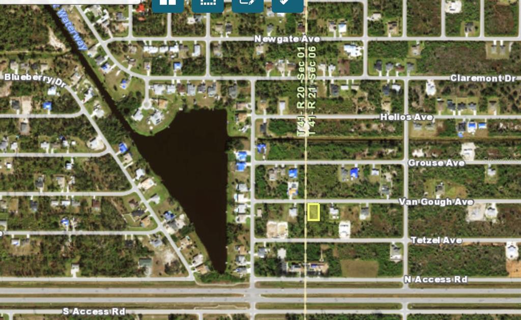 An aerial map view shows a residential lot highlighted in yellow near a large canal — 12007 VAN GOUGH AVENUE, PORT CHARLOTTE, FL