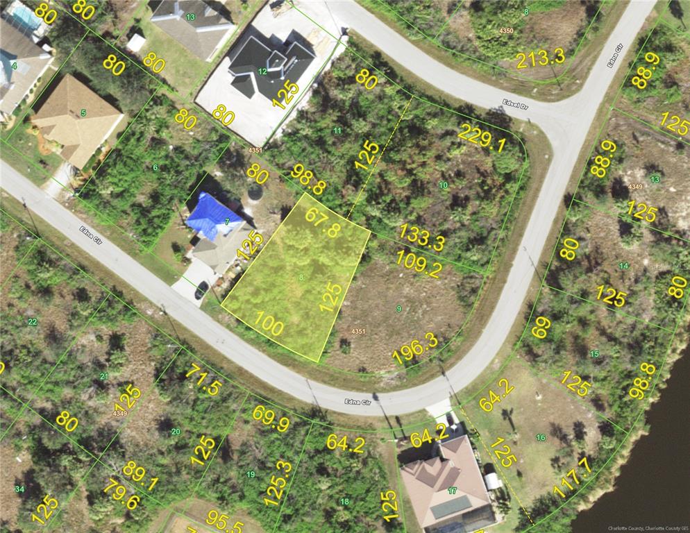 This is an aerial map showing property lot lines and dimensions for a residential area — 14473 EDNA CIRCLE, PORT CHARLOTTE, FL