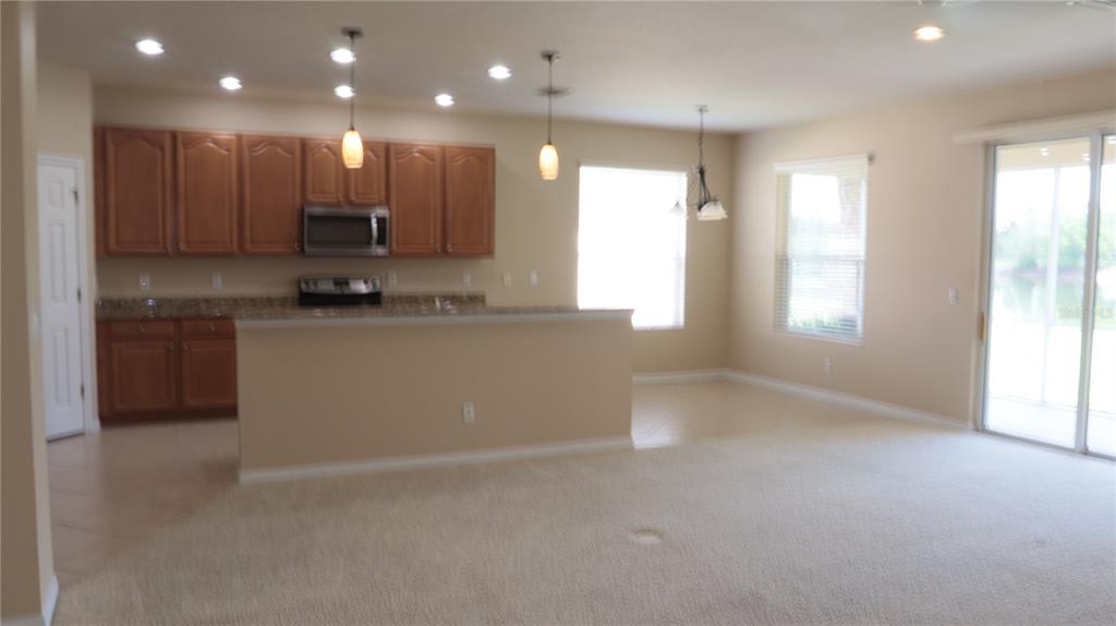 A kitchen with wood cabinets and granite countertops opens to a carpeted living area — 2552 HOBBLEBRUSH DRIVE, NORTH PORT, FL
