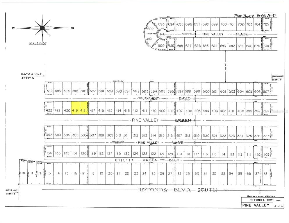 This is a plat map showing the layout of numbered residential lots along several streets — 157 TOURNAMENT ROAD, ROTONDA WEST, FL
