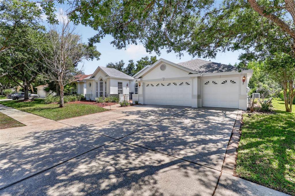 A single-story house with a three-car garage and a concrete driveway under large shade trees — 10206 SHADOW BRANCH DRIVE, TAMPA, FL