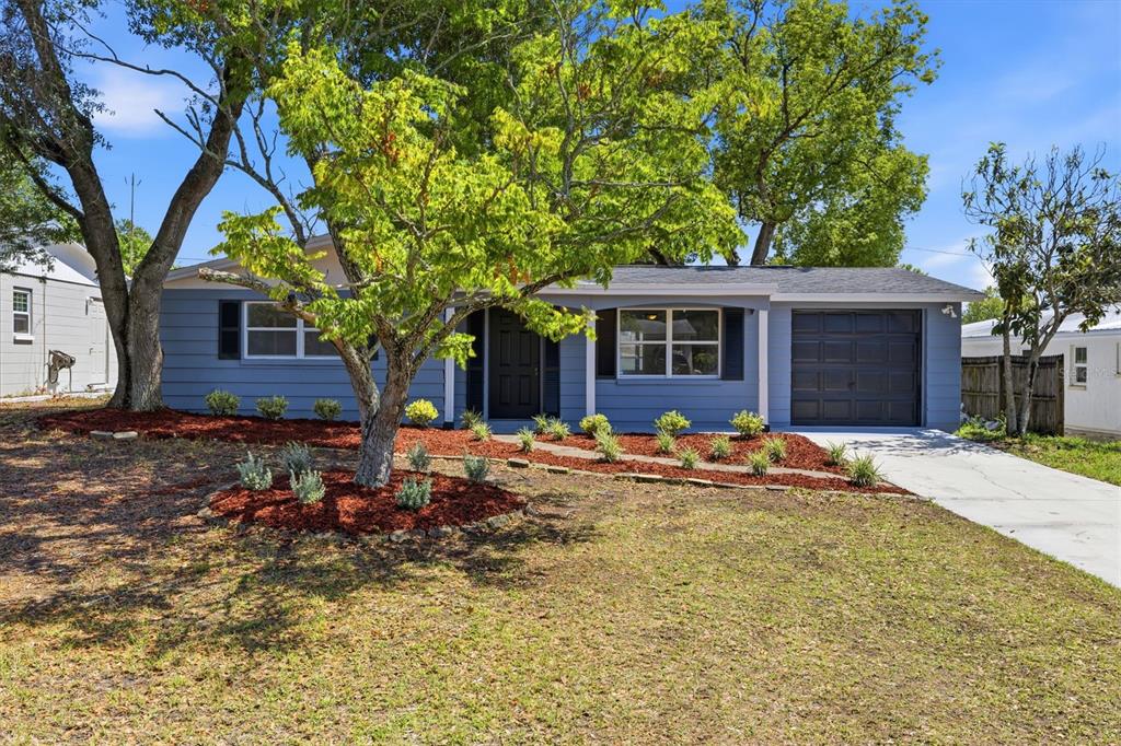 A single-story blue house with a dark front door, garage, and landscaped front yard — 6150 EMERALD DRIVE, NEW PORT RICHEY, FL