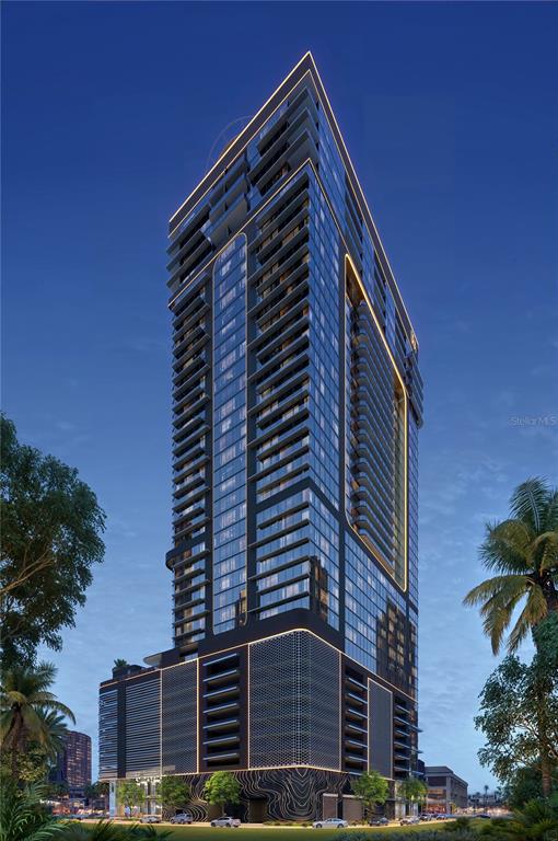 This is a digital rendering of a modern high-rise residential tower at dusk — 1101 E JACKSON STREET UNIT 2012, TAMPA, FL