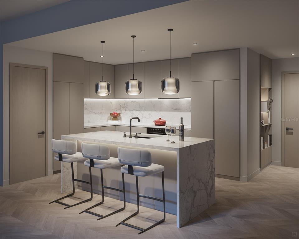 This is a rendering of a modern kitchen featuring a marble island and bar stools — 1101 E JACKSON STREET UNIT 2012, TAMPA, FL