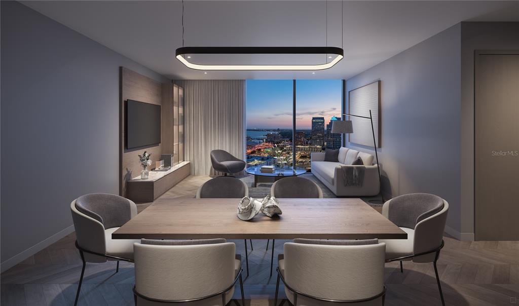 This rendering shows a modern dining and living area with floor-to-ceiling windows overlooking a city — 1101 E JACKSON STREET UNIT 2012, TAMPA, FL