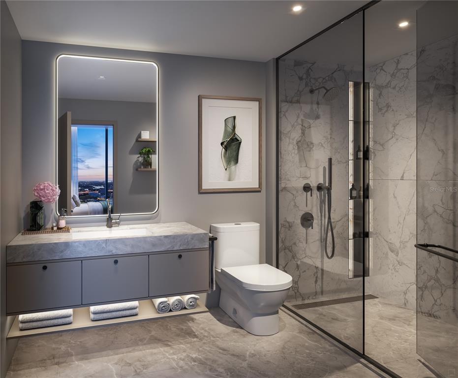 This is a rendering of a modern bathroom featuring a marble vanity and glass-enclosed shower — 1101 E JACKSON STREET UNIT 2012, TAMPA, FL