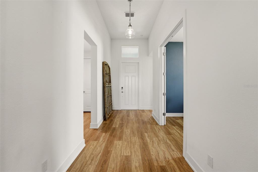 A bright hallway features wood-look flooring, white walls, and a glass pendant light fixture — 7857 REDONDA LOOP, LAKEWOOD RANCH, FL
