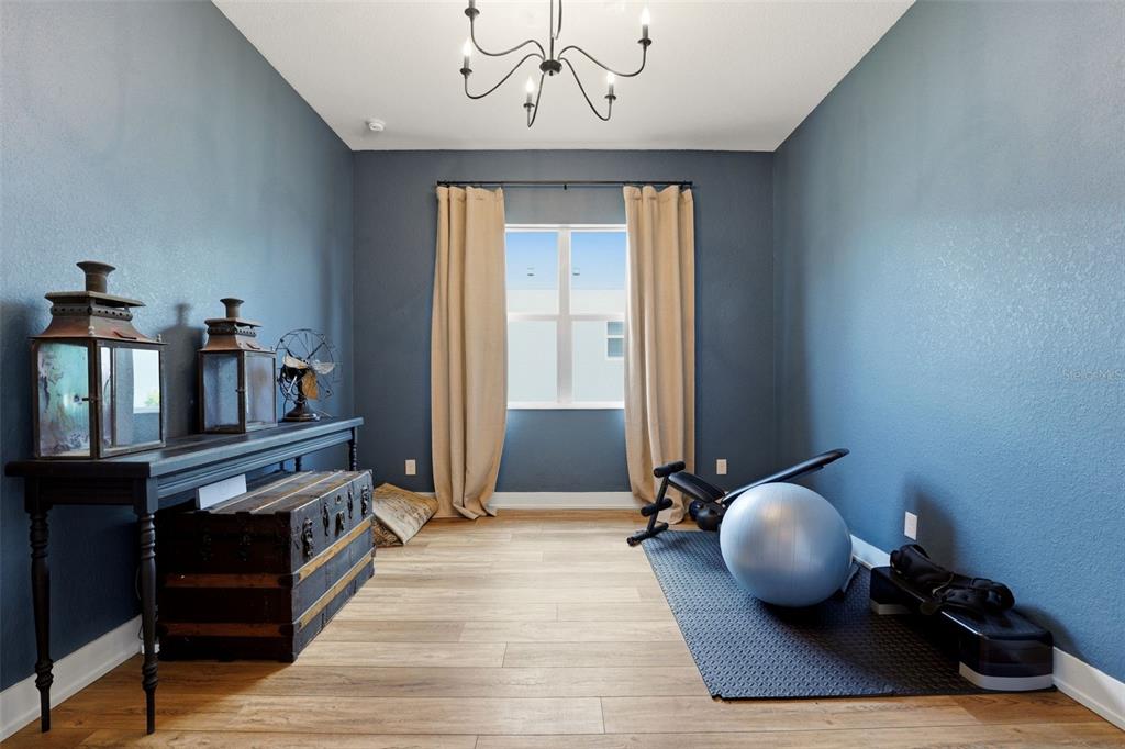 A home gym with blue walls, wood-look flooring, a exercise ball, and a console table — 7857 REDONDA LOOP, LAKEWOOD RANCH, FL