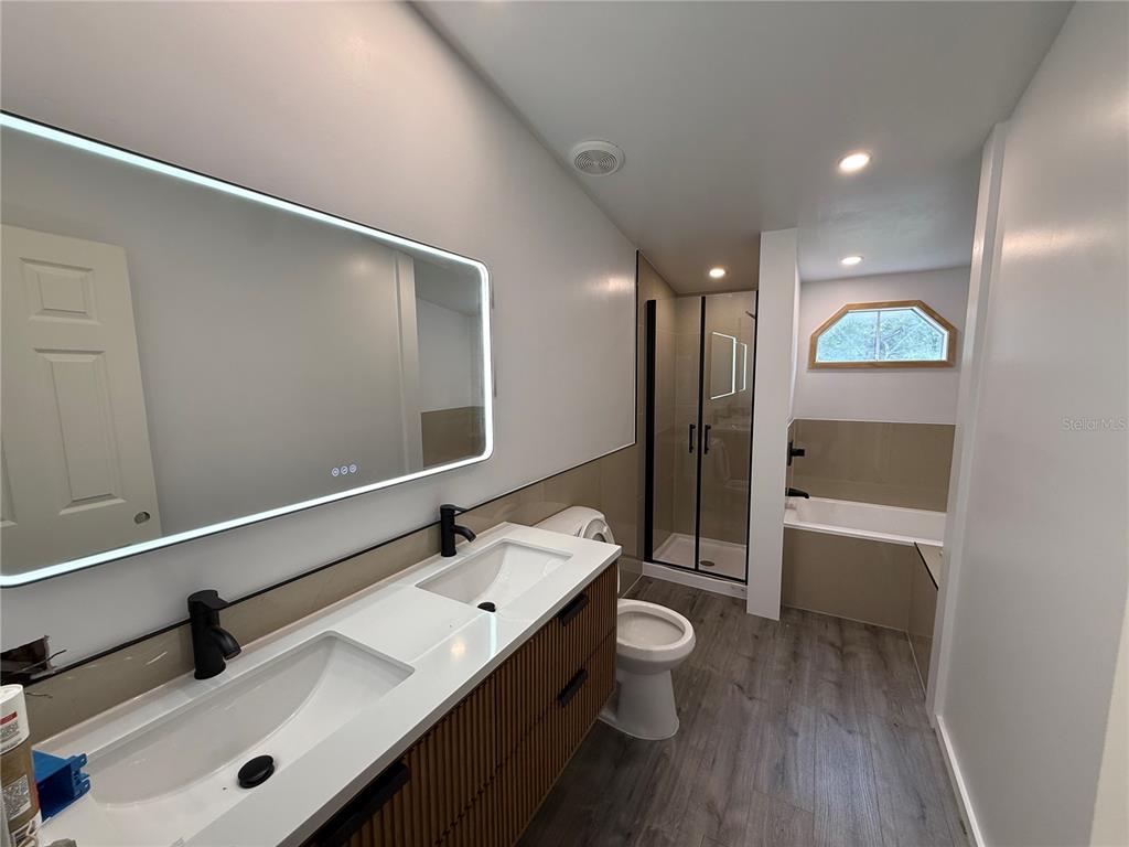 A modern bathroom features a double vanity, a glass-enclosed shower, and a separate bathtub — 11091 NE 107TH TERRACE, ARCHER, FL