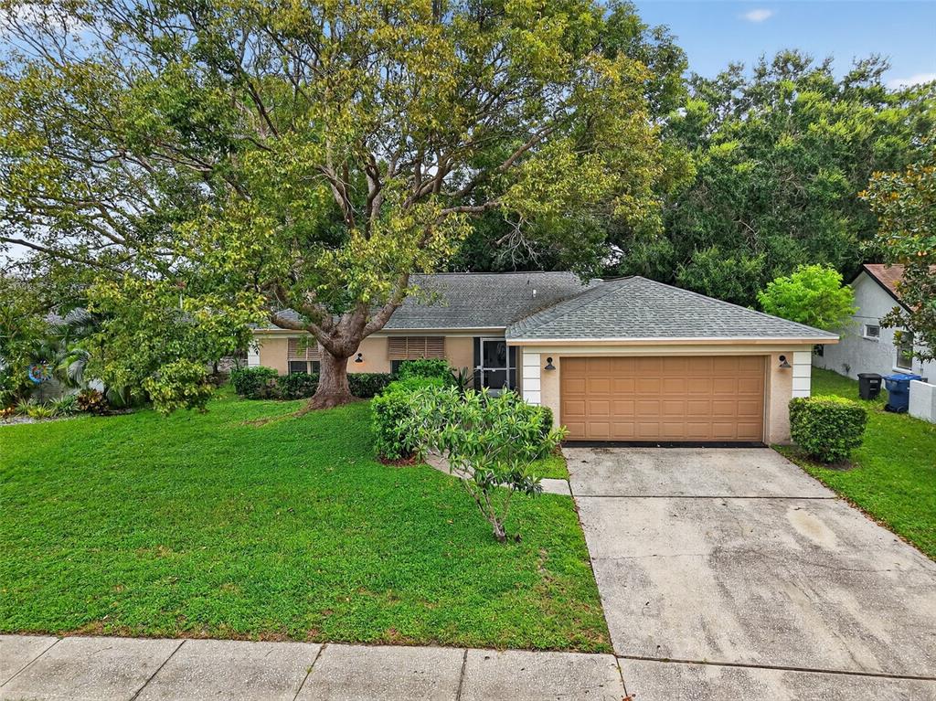 A single-story house with a tan exterior, a two-car garage, and a large front tree — 3602 PLAYER DRIVE, NEW PORT RICHEY, FL