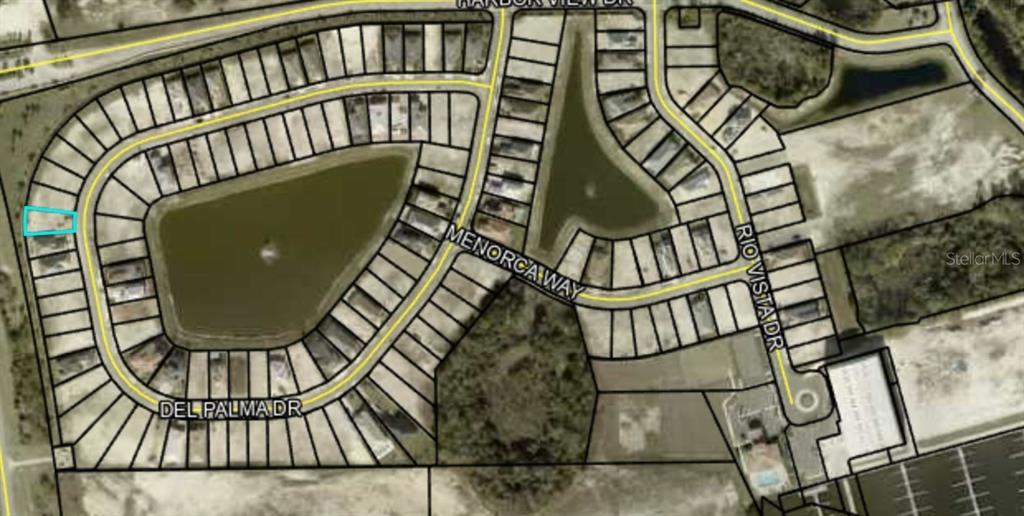 This is an aerial map showing a residential lot highlighted in blue within a neighborhood — 50 DEL PALMA DRIVE, PALM COAST, FL