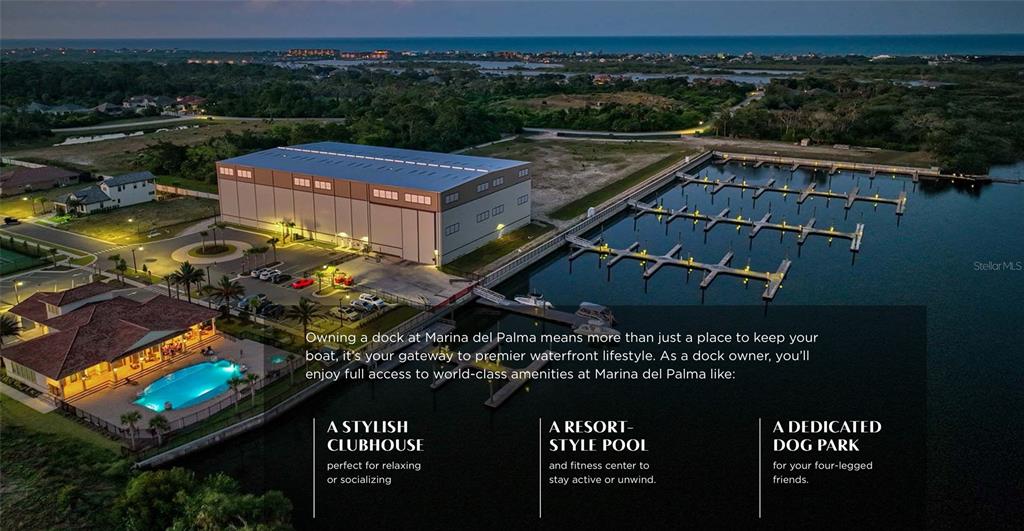 An aerial view shows a large marina building, a clubhouse with a pool, and boat docks — 50 DEL PALMA DRIVE, PALM COAST, FL