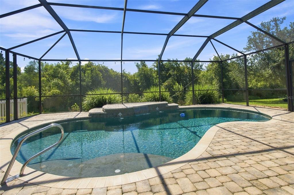 A screened-in swimming pool with a stone waterfall feature and paver deck — 20233 MERRY OAK AVENUE, TAMPA, FL