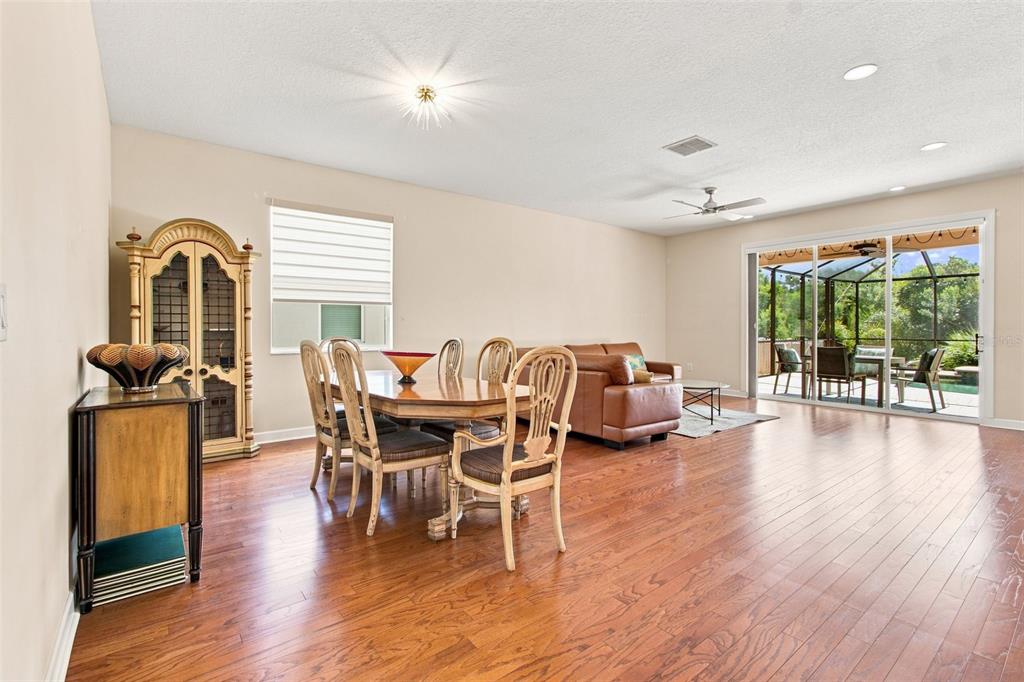 A dining area and living room with hardwood floors, a dining set, and sliding glass doors — 20233 MERRY OAK AVENUE, TAMPA, FL