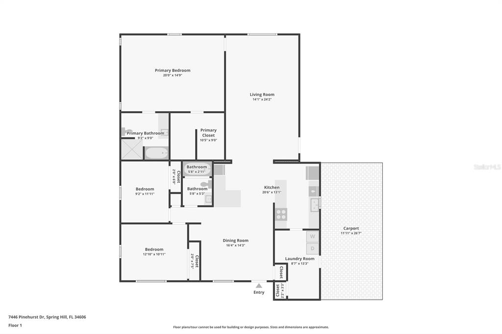 This is a floor plan for a single-story home featuring three bedrooms and a carport — 7446 PINEHURST DRIVE, SPRING HILL, FL