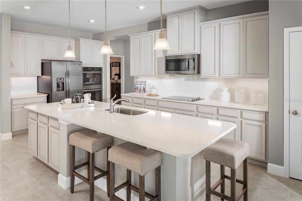 A modern kitchen features white cabinetry, a large quartz island with seating, and stainless appliances — 423 HAMMOCK OAKS BOULEVARD, LADY LAKE, FL